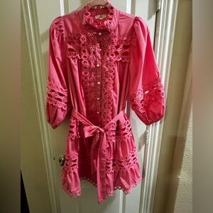 entro Pink Eyelet Lace Belted Mini Dress